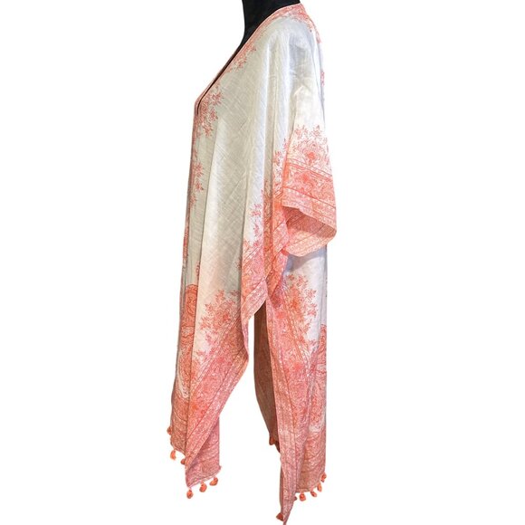 Boho-Inspired Orange & White Paisley Kimono Wrap With Tassel Trim - Picture 3 of 5